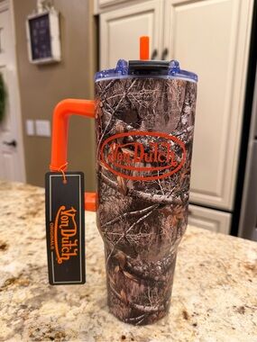 Von Dutch Camo Travel Tumbler with Orange Handle & Lid